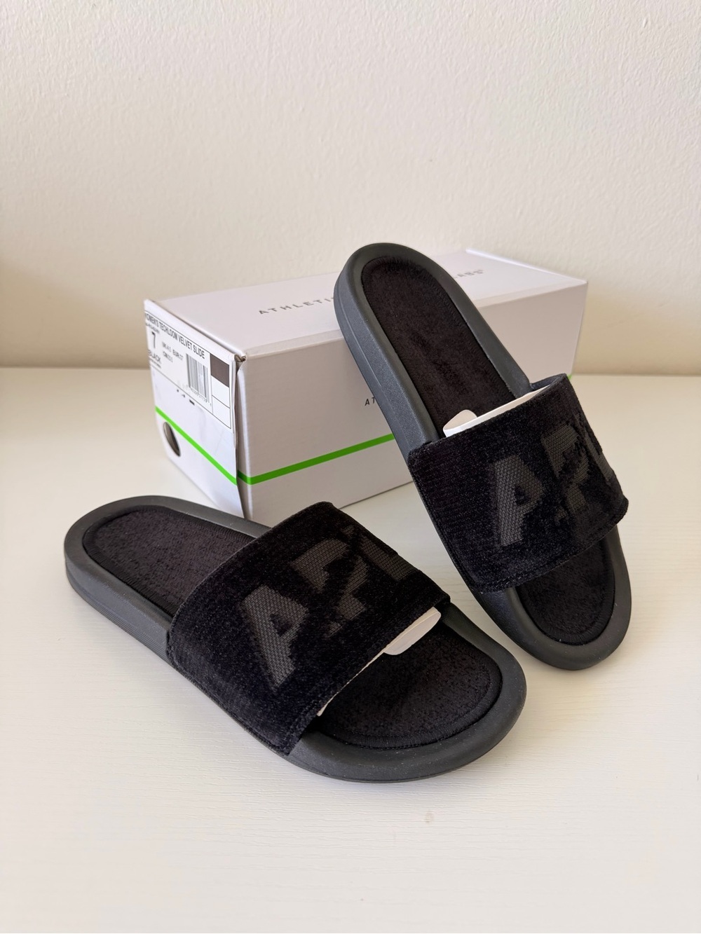 New! APL Velvet Black Slide Sandals with Velour Strap, Size 7 Women